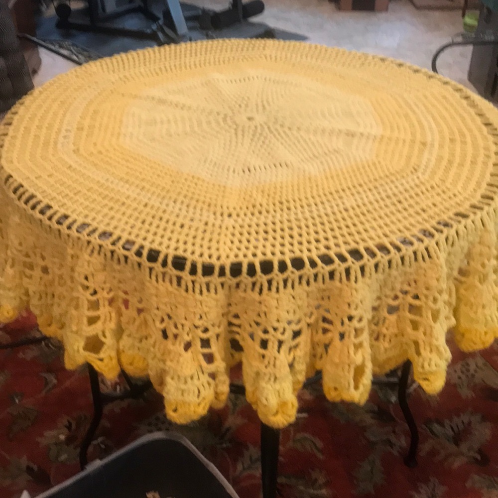 Crocheted Round Tablecloth Yellow 60” Diameter Handmade